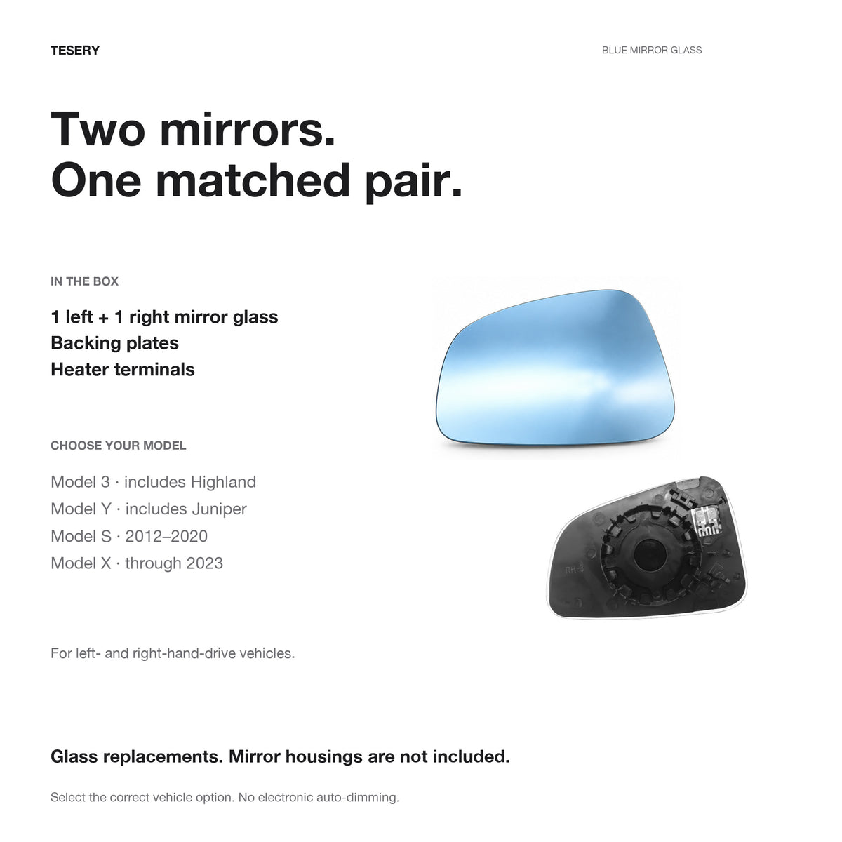 One left and one right heated blue mirror glass with backing plates; model selection covers Model 3 including Highland, Model Y including Juniper, Model S 2012–2020 and Model X through 2023.