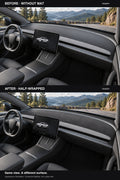 Full-cabin before-and-after appearance illustration, showing the dashboard without a mat and with the Half-Wrapped suede-fabric mat under consistent lighting.
