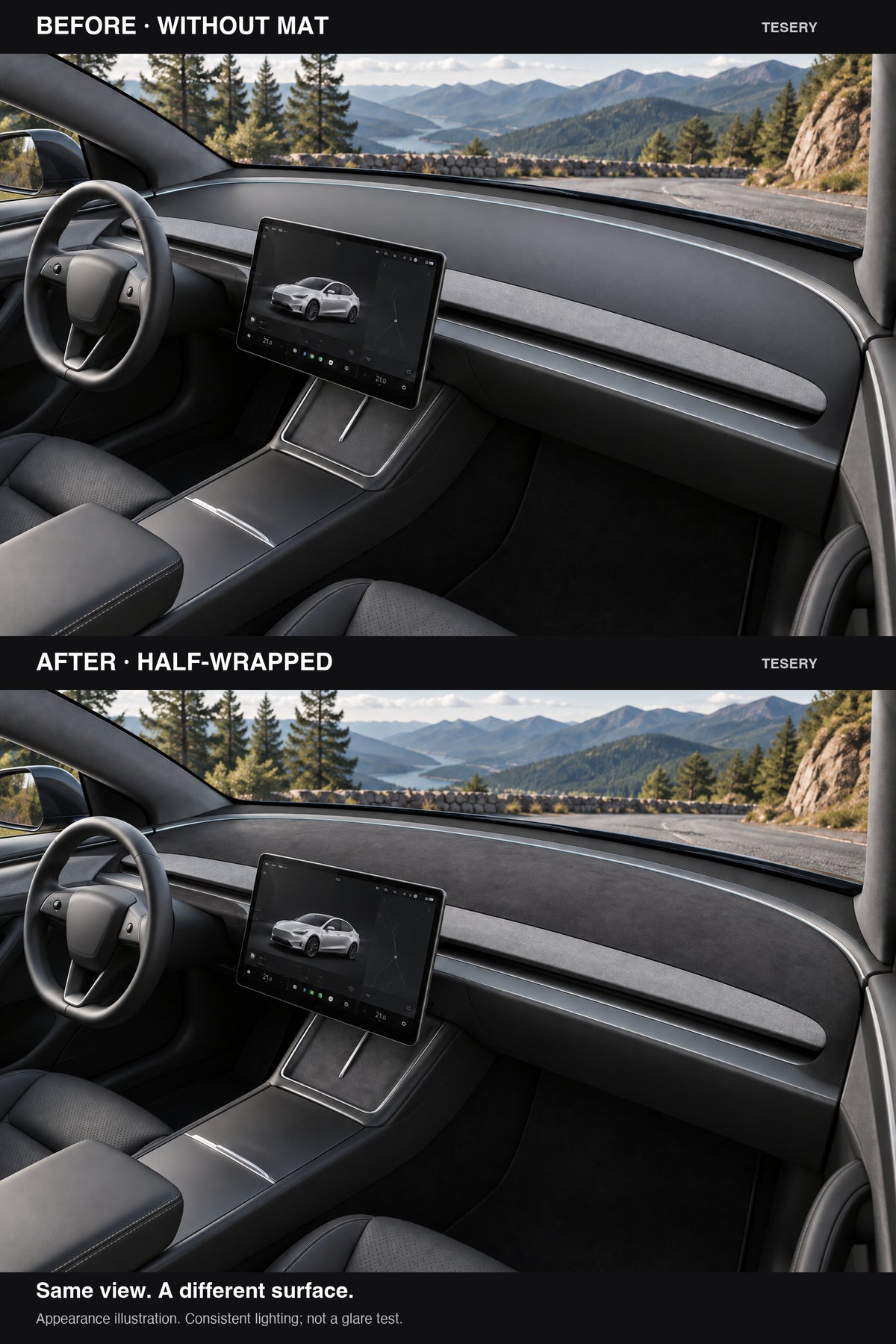 Full-cabin before-and-after appearance illustration, showing the dashboard without a mat and with the Half-Wrapped suede-fabric mat under consistent lighting.