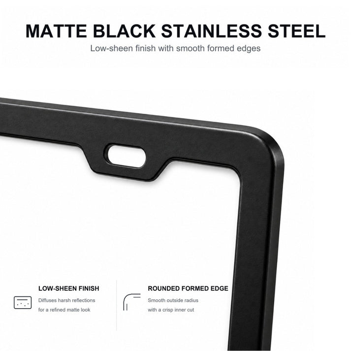Close-up of a matte black stainless steel license plate frame with mounting holes and rounded formed edge