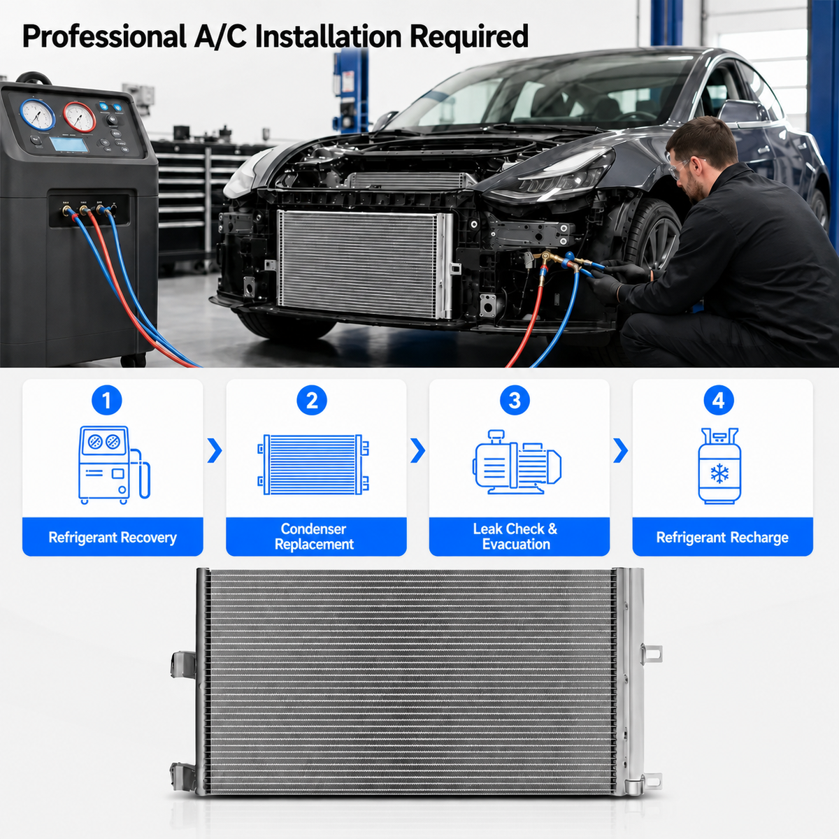 A car A/C installation service graphic with a technician working on a vehicle, a refrigerant recovery machine, a four-step process diagram, and a large silver condenser/intercooler radiator shown at the bottom.