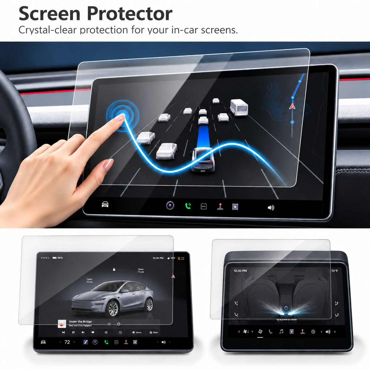 Finger touching a clear screen protector, with separate front and rear display protector illustrations below.