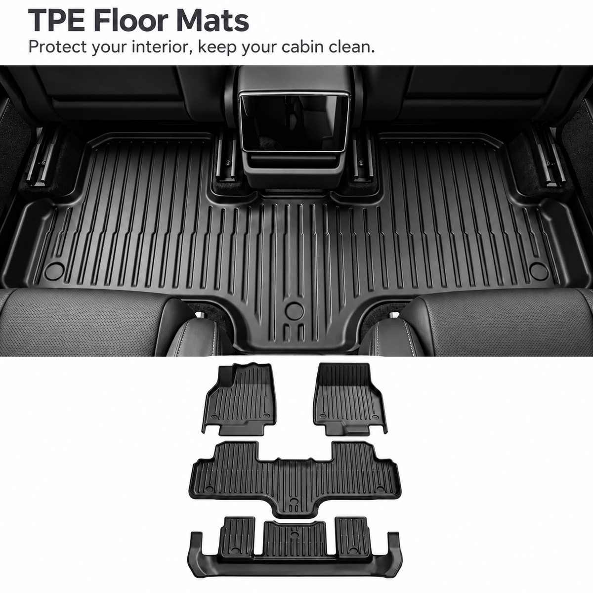 Black grooved floor mat fitted in a rear footwell, with separate floor-mat shapes pictured below.