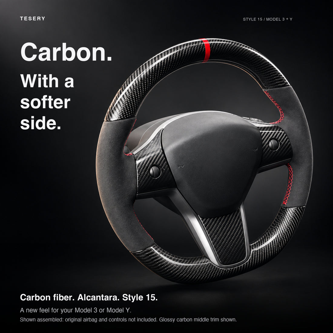 Carbon Fiber Alcantara Round Steering Wheel for Model 3 / Y【Style 15】 - Tesery Official Store