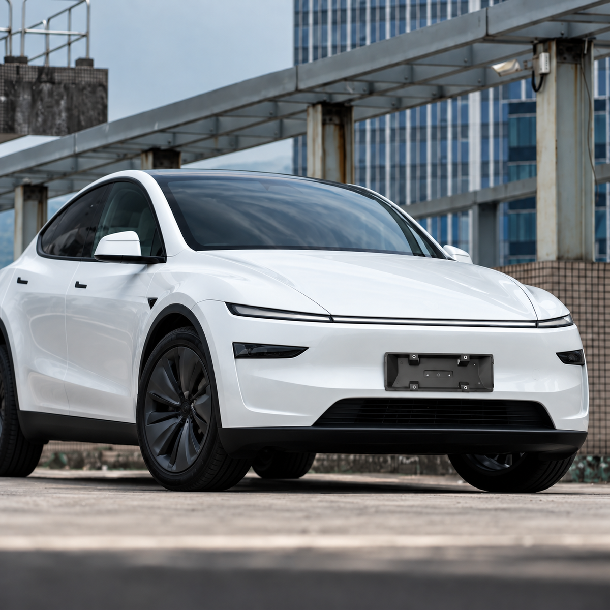 A white Tesla Model Y is shown from a front three-quarter angle on an outdoor rooftop with a glass office building in the background.