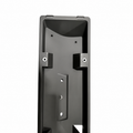 A close-up of a black metal mounting bracket or hardware component with pre-drilled screw holes, shown against a plain white background.