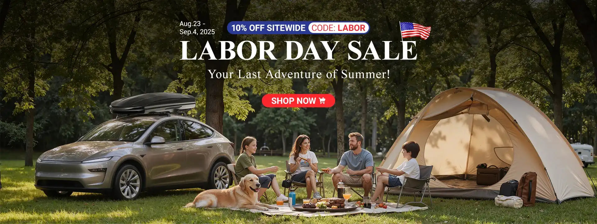 People camping outdoors with a car and tent, Labor Day sale promotion text overlay.slider_item_pG3czw