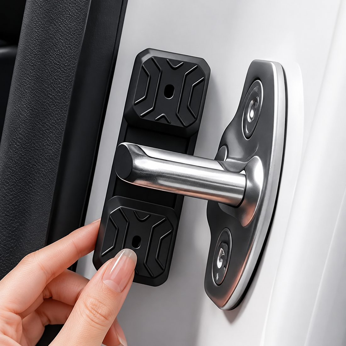 Four black door stopper pads shown with a hand pressing one into place on a white car door, plus a bottom row of four loose stoppers for scale.