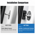 Installation comparison graphic showing a latch close on a white door before and after installation. The left panel, labeled BEFORE, shows a single metal latch with text noting harsh metal impact.