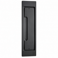 A matte black rectangular door pull handle with a recessed center panel and a vertical bar handle, shown on a plain white background.
