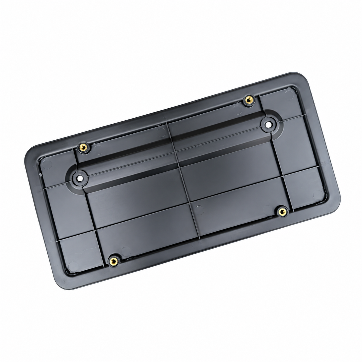 A black rectangular plastic license plate frame or cover with four pre-drilled screw holes, shown at an angle on a plain white background.