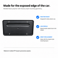 Black automotive license plate frame on a white background with descriptive text and feature callouts.