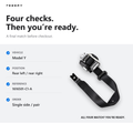 A promotional graphic for a TESERY belt buckle with a black strap and silver metal hardware, shown next to checklist text detailing four verification steps for vehicle compatibility.