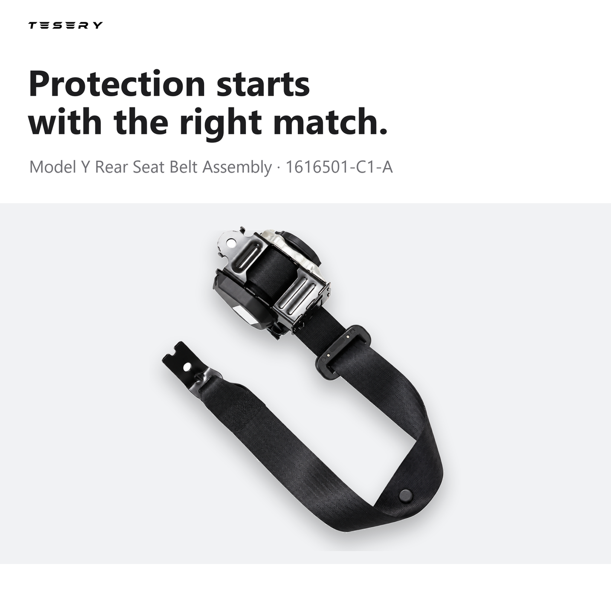 Rear seat belt retractor assembly with polyester webbing and latch plate for Tesla Model Y