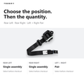 A black TESERY car seat belt buckle and strap set shown on a light gray background with text explaining seat position and quantity options.