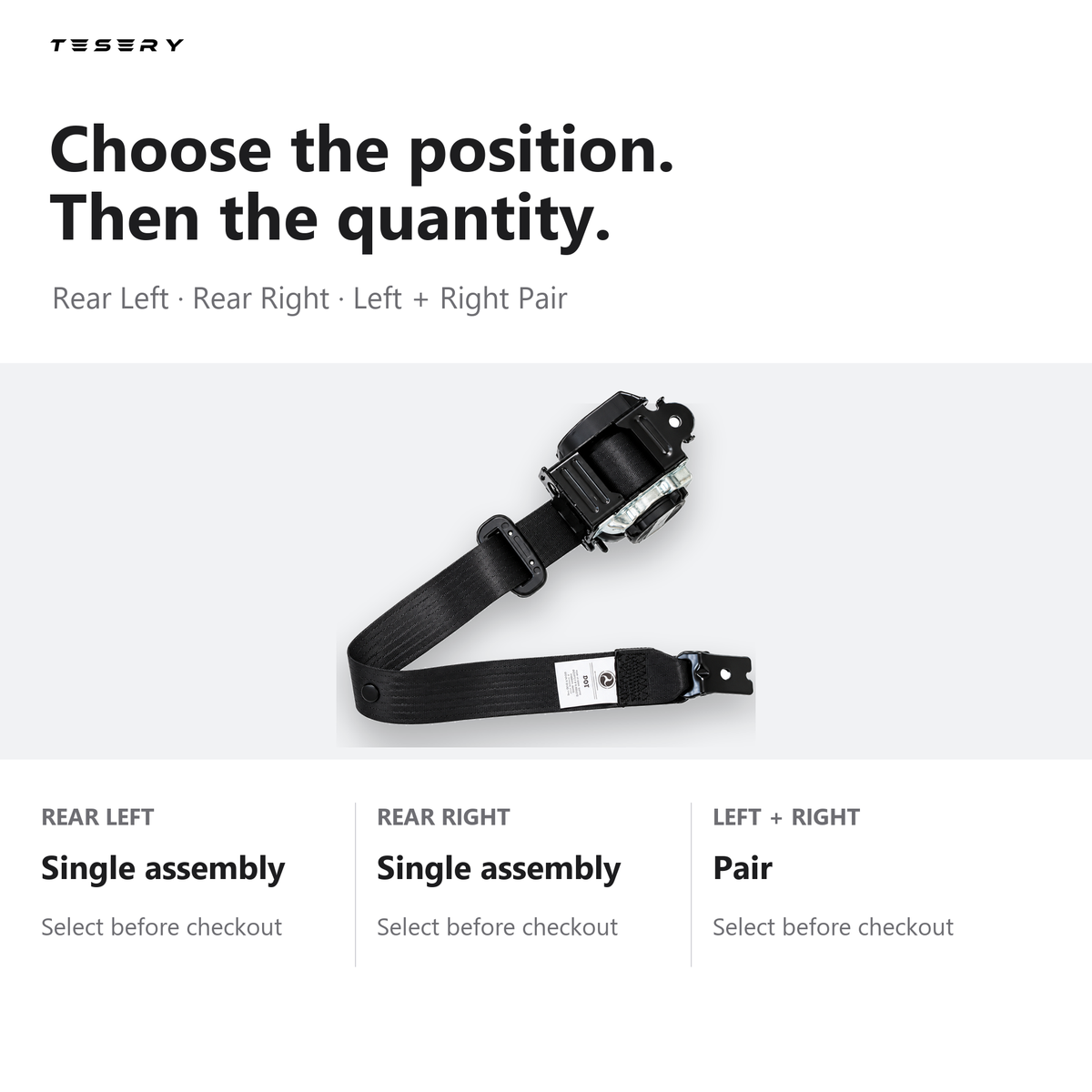 A black TESERY car seat belt buckle and strap set shown on a light gray background with text explaining seat position and quantity options.