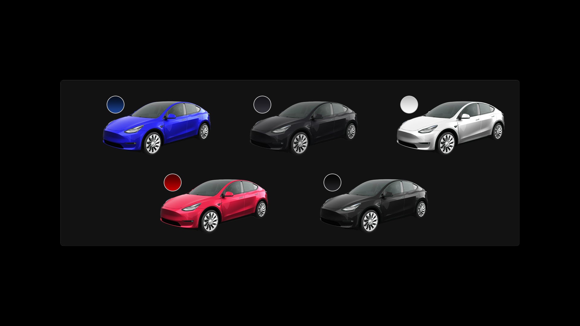 Five Tesla cars in different colors on a black background