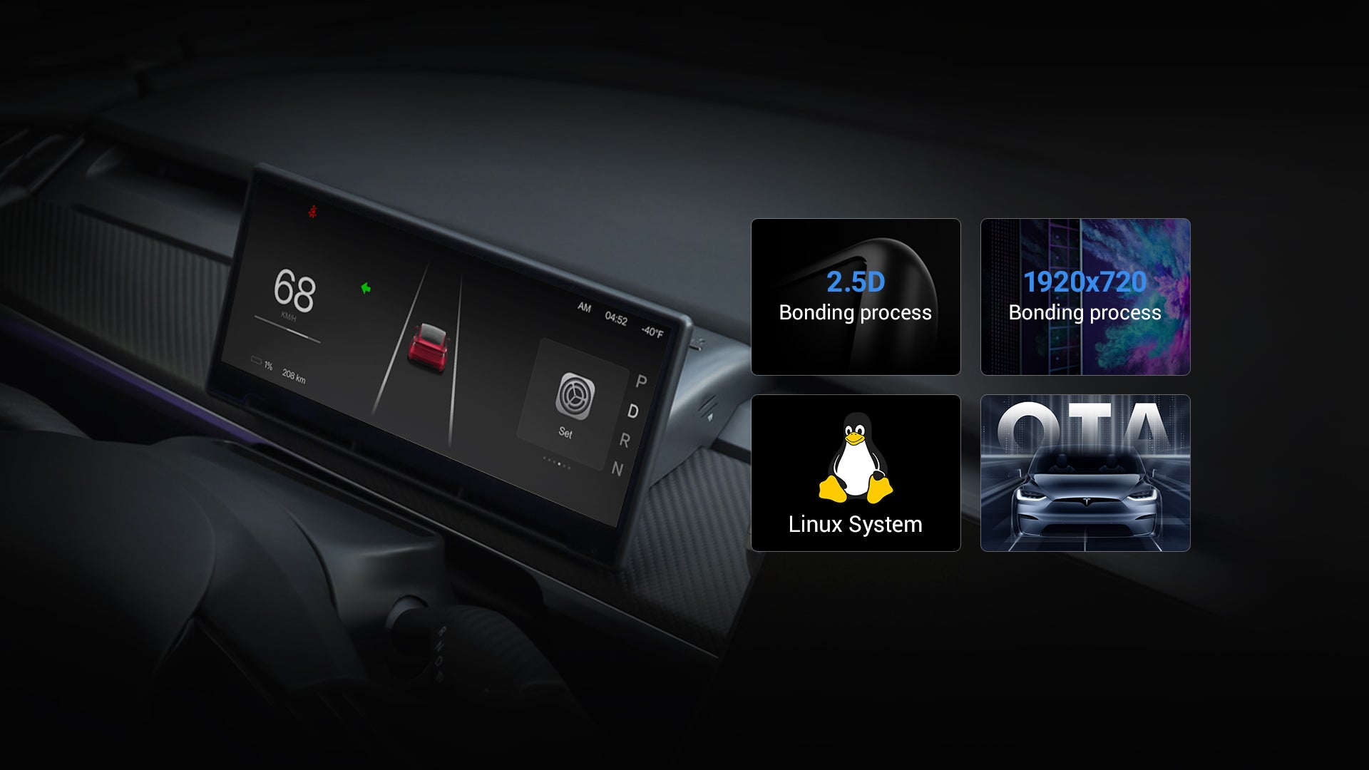 Car dashboard with digital display and system information icons on a dark background