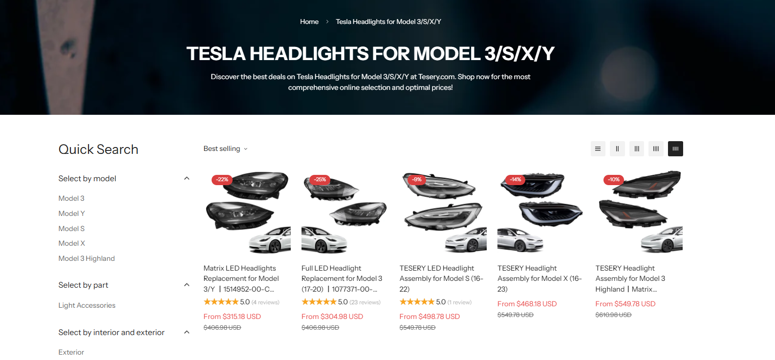 Oppgradert Tesla-frontlyktsett