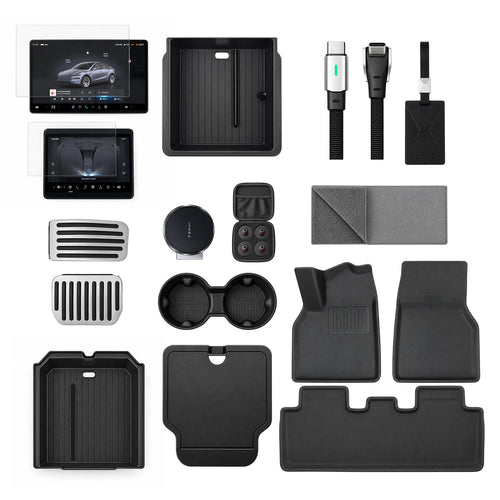Model 3 accessory bundle overview with screen protectors, console organizers, pedal covers, jack pads, phone mount, cable, towel, key holder, and floor mats