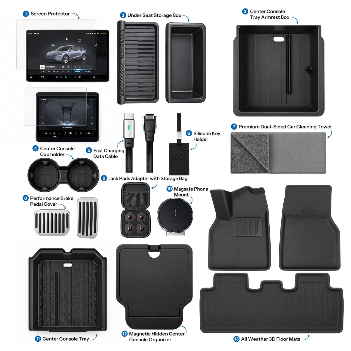 Accessories Kit for Tesla Model Y Premium (2025+) – 13-Piece Must-Have Bundle for New Owners - Tesery Official Store