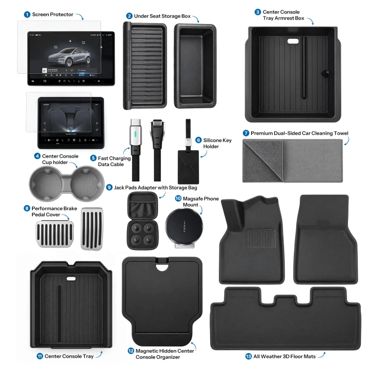 Accessories Kit for Tesla Model Y Premium (2025+) – 13-Piece Must-Have Bundle for New Owners - Tesery Official Store
