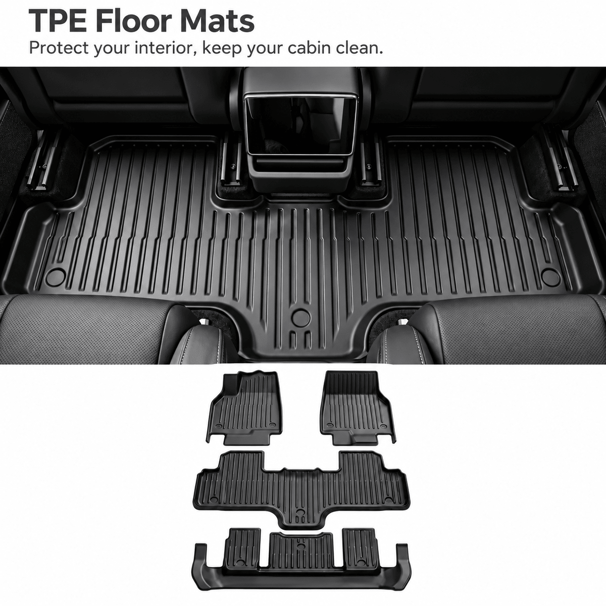 Black grooved floor mat fitted in a rear footwell, with separate floor-mat shapes pictured below.