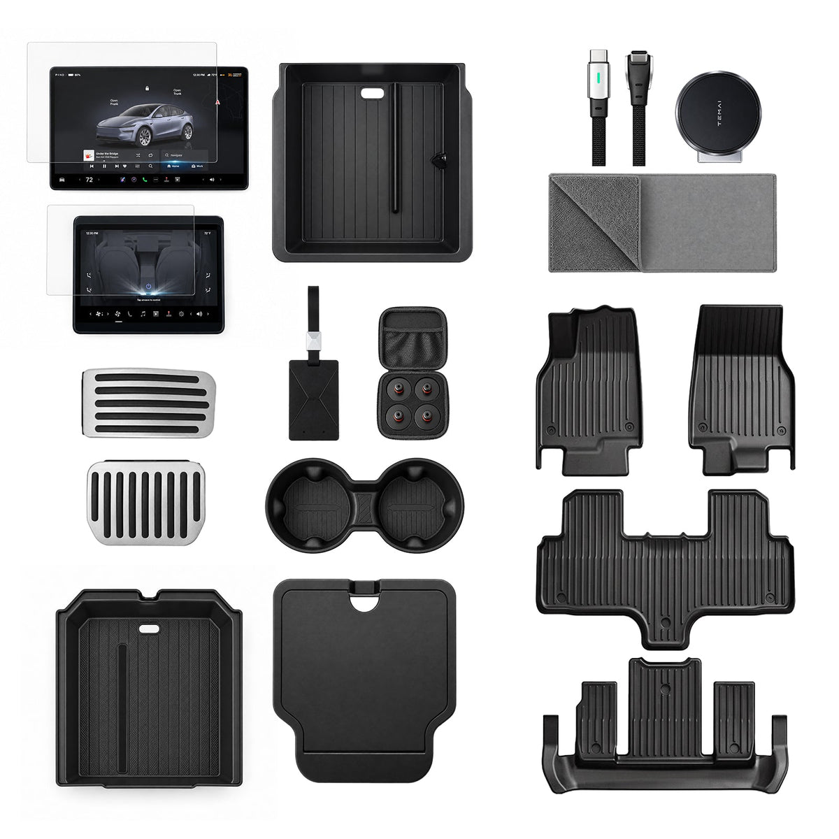 Accessory bundle collage with screen protectors, console organizers, charging cable, pedals, towel, jack pads, phone mount and floor mats.