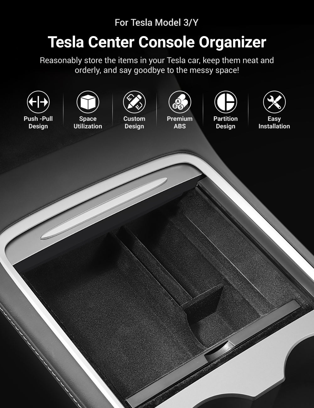 AILYBER Center Console Organizer For Tesla Model 3 & Y (2021-2024) - Transparent ABS Tray With Silicone Mat
