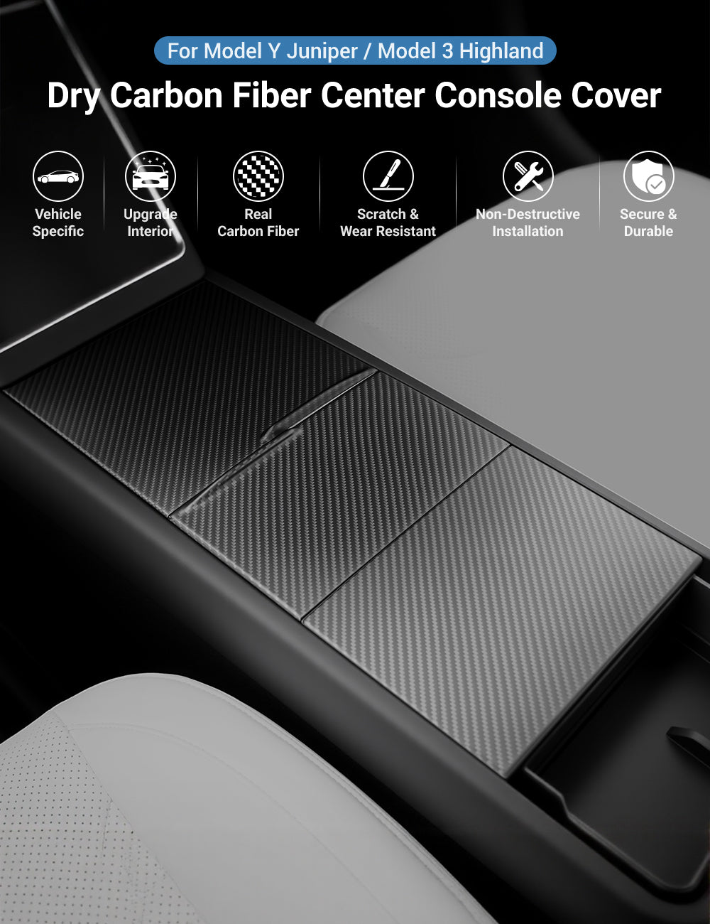 Couvercle De Console Centrale Fibre De Carbone Mat Compatible Tesla Model Y Et Model 3