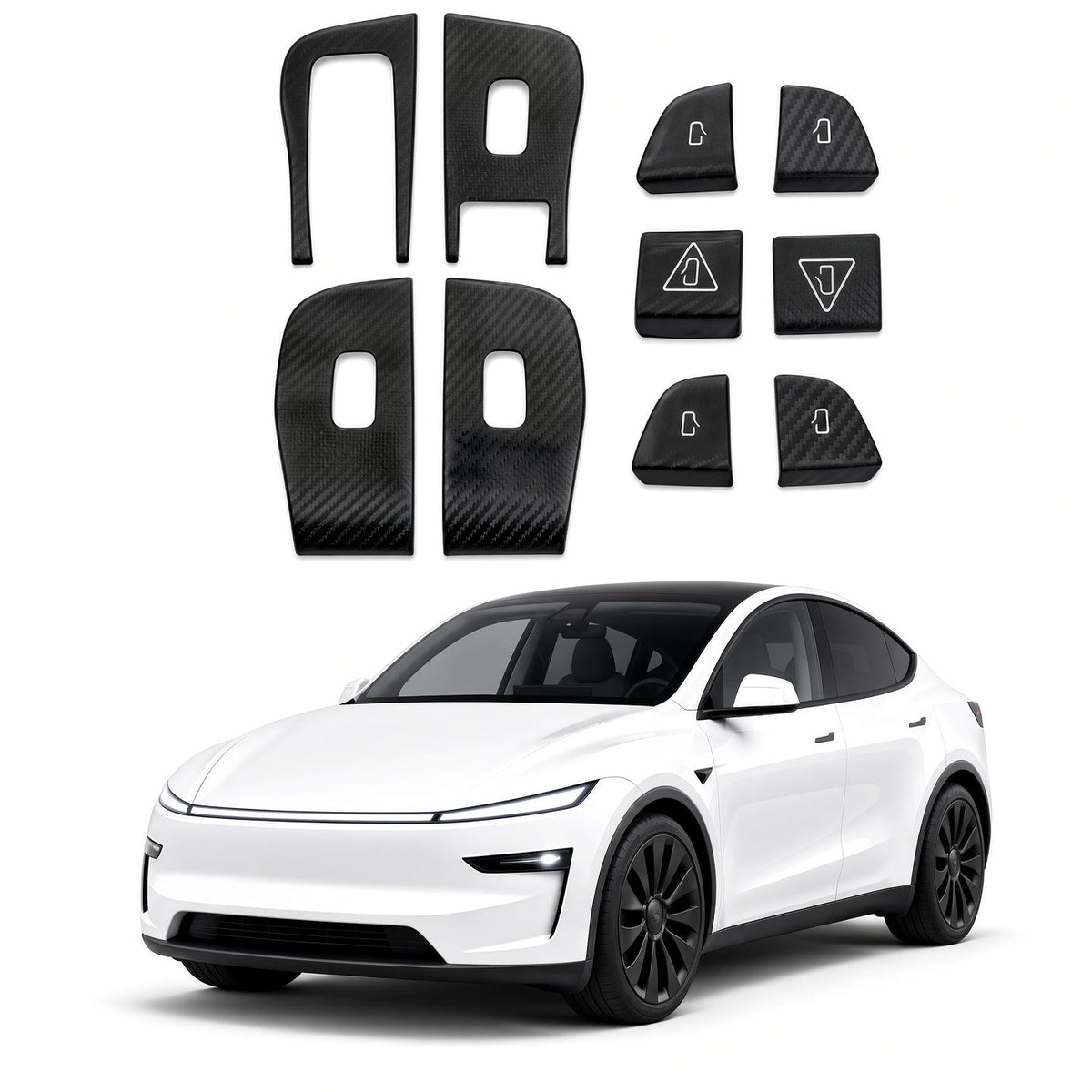 Ten carbon-weave door-control covers arranged above a white Model Y Juniper, including four panel surrounds and six smaller covers.
