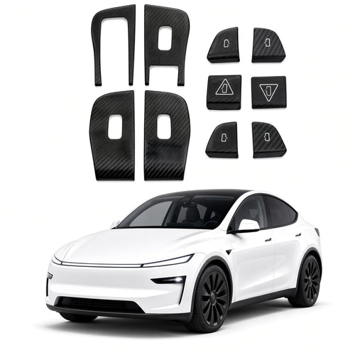 Ten carbon-weave door-control covers arranged above a white Model Y Juniper, including four panel surrounds and six smaller covers.