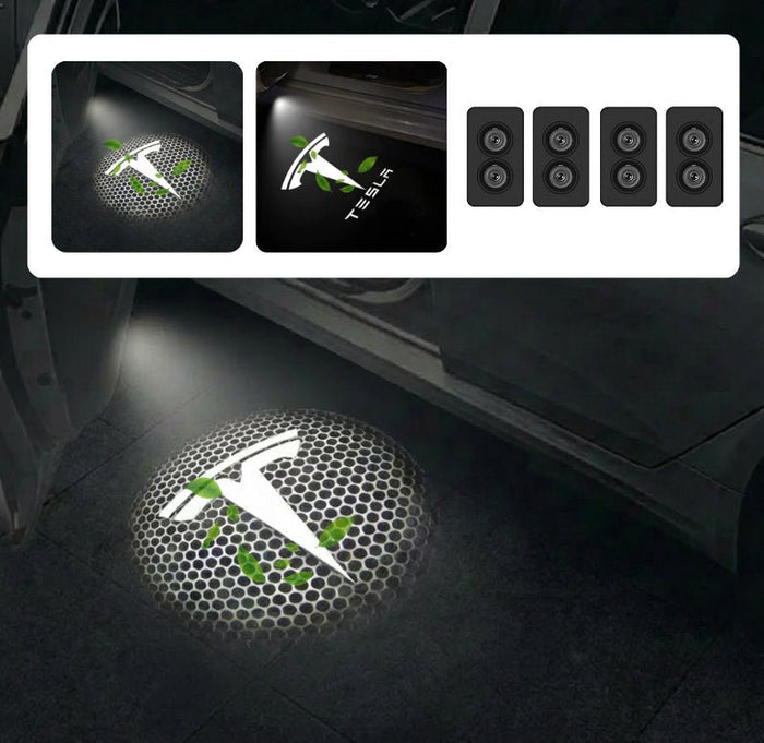 Animated GIF showing Style A puddle light: a dynamic Tesla T logo and lettering.