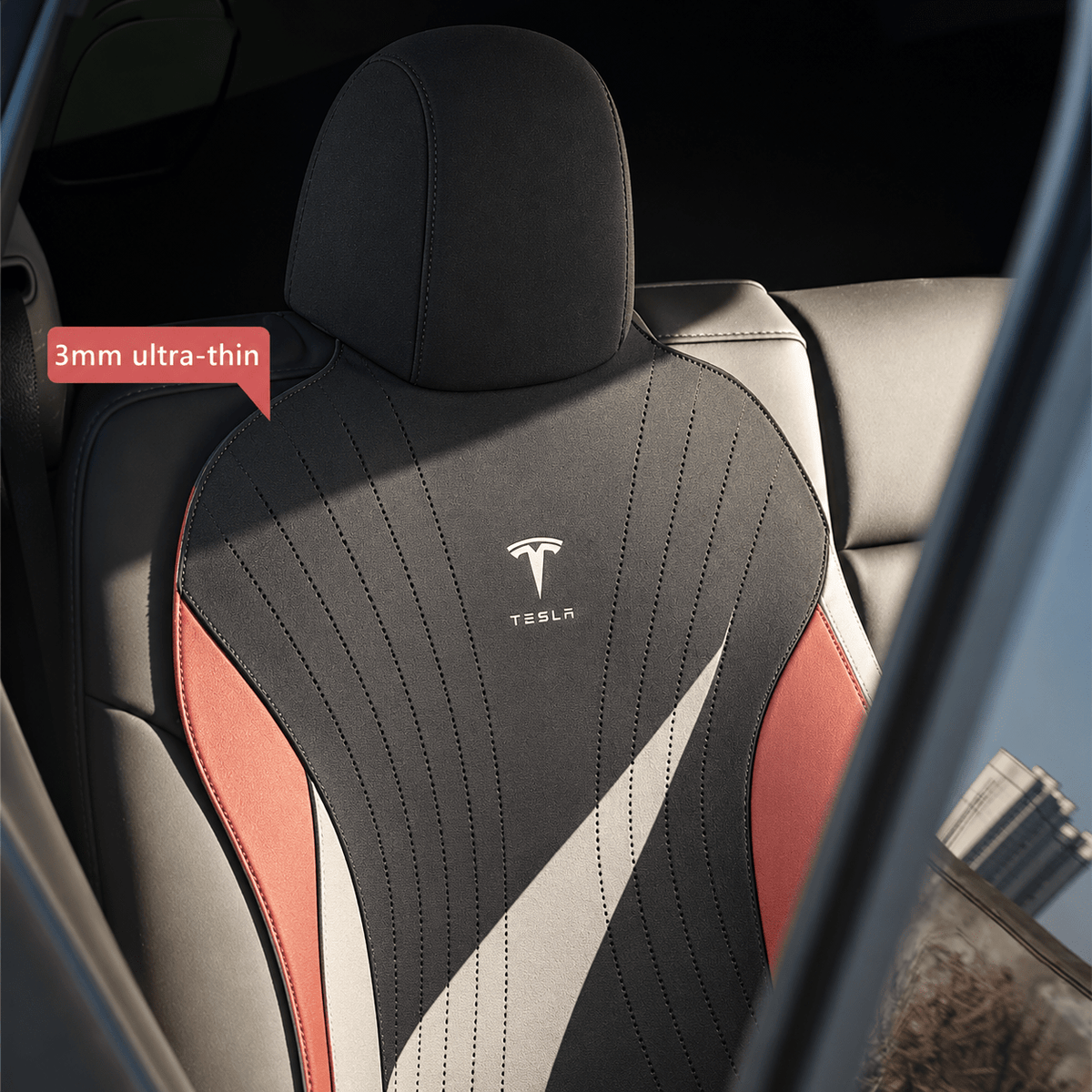 Flash Sale: Suede Seat Covers for Tesla Model Y Juniper (2025.3–Present) | Black and Orange - Tesery Official Store