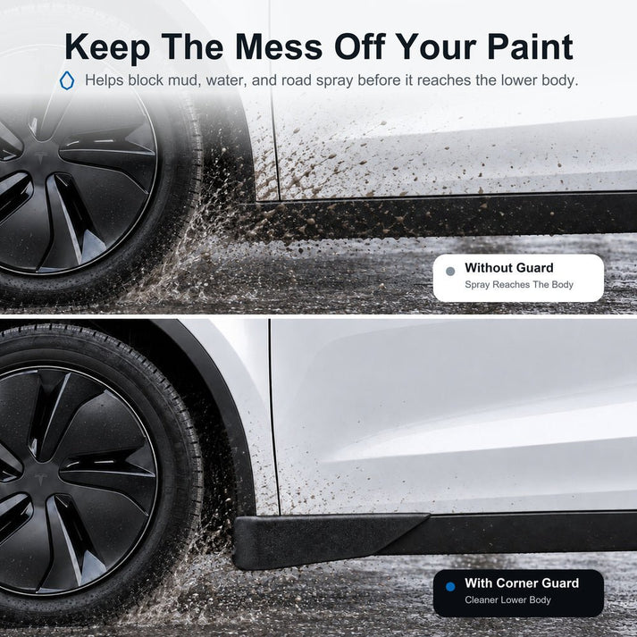 Before-and-after mud protection comparison for Model Y Juniper corner guards