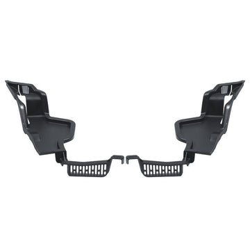 Pair of black front-trunk drain-channel guards with molded brackets and perforated lower baskets.