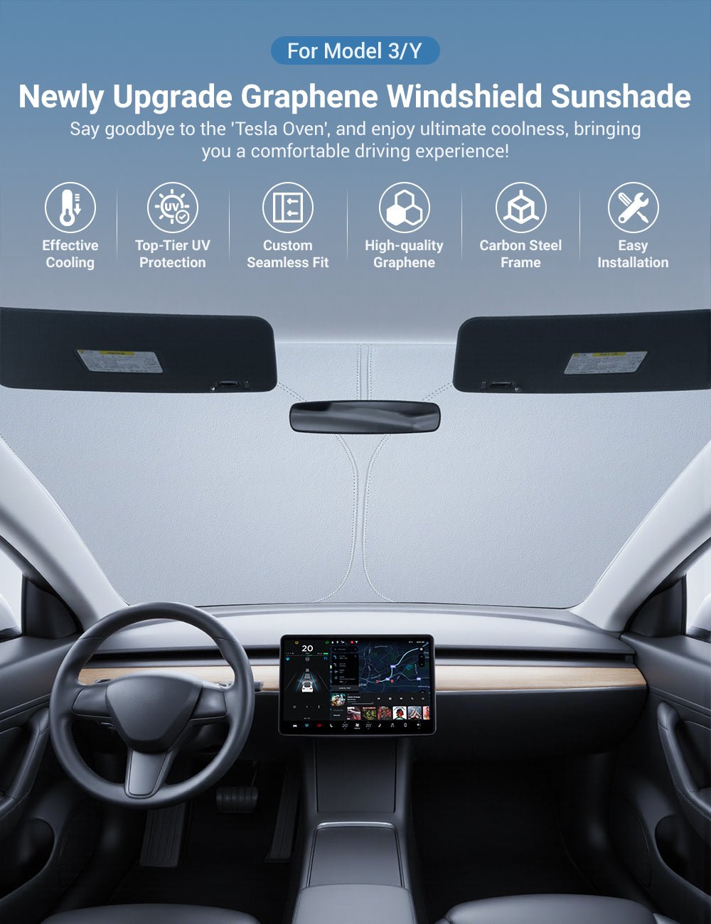 Genuine Snap Shades Front Windshield Sun Shade For Tesla Model 3 (2017-Present)
