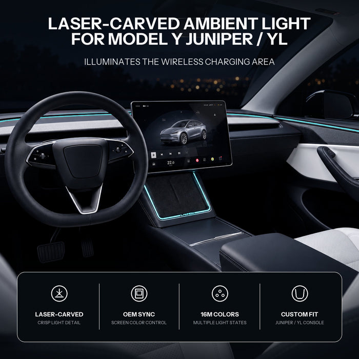 TESERY laser-carved ambient light installed around the Model Y Juniper wireless charging port
