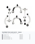 Tesla Model 3 6-piece front control arm kit with OE numbers 1044321-00-G, 1044326-00-G, 1044341-00-D, 1044354-00-A, 1044359-00-A. Fits June 2018-2023, not Highland or Model Y. Two small dust caps in the photo are extras.