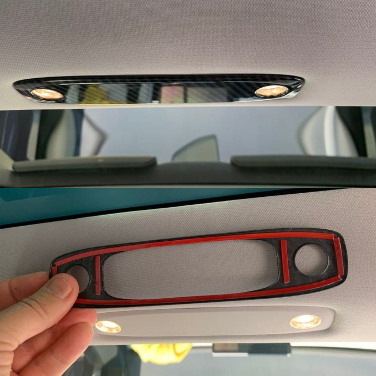Underside of the carbon fiber dome light cover showing pre-applied double-sided adhesive strips