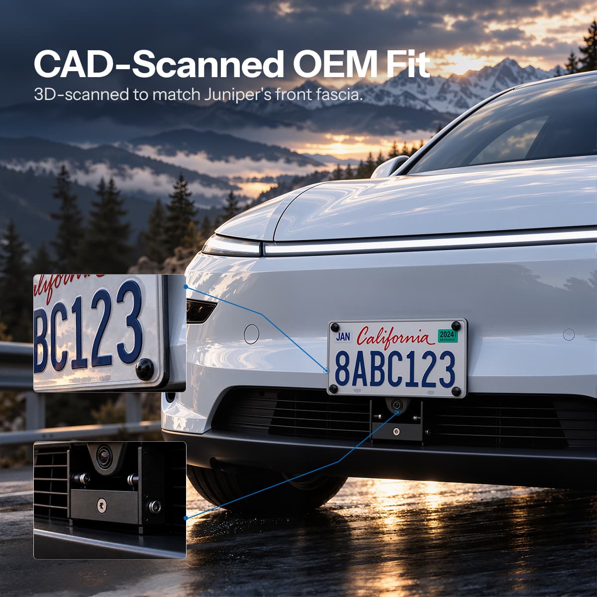CAD-scanned OEM-fit front license plate holder for Model Y Juniper