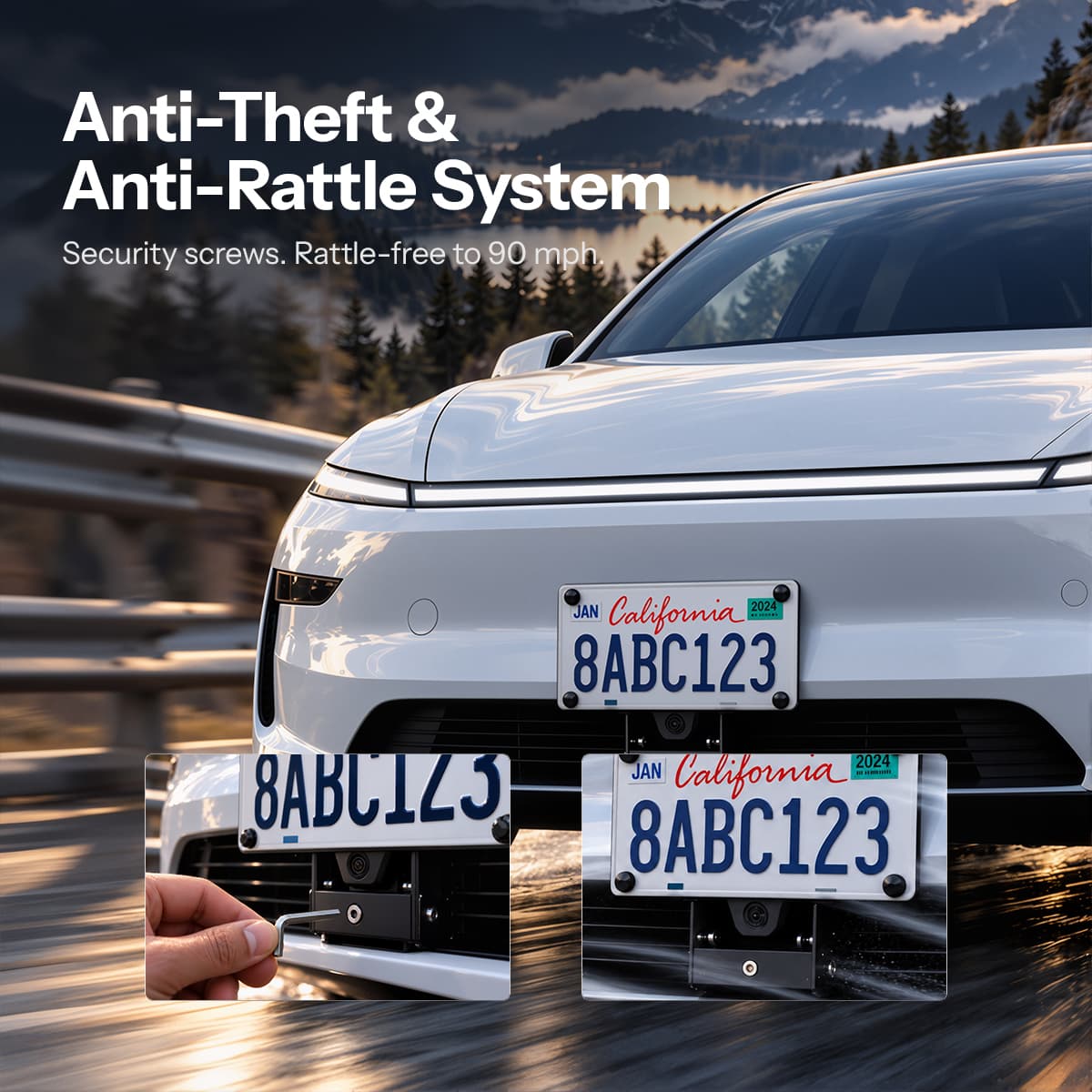Anti-theft security screws and anti-rattle Model Y Juniper front plate holder system