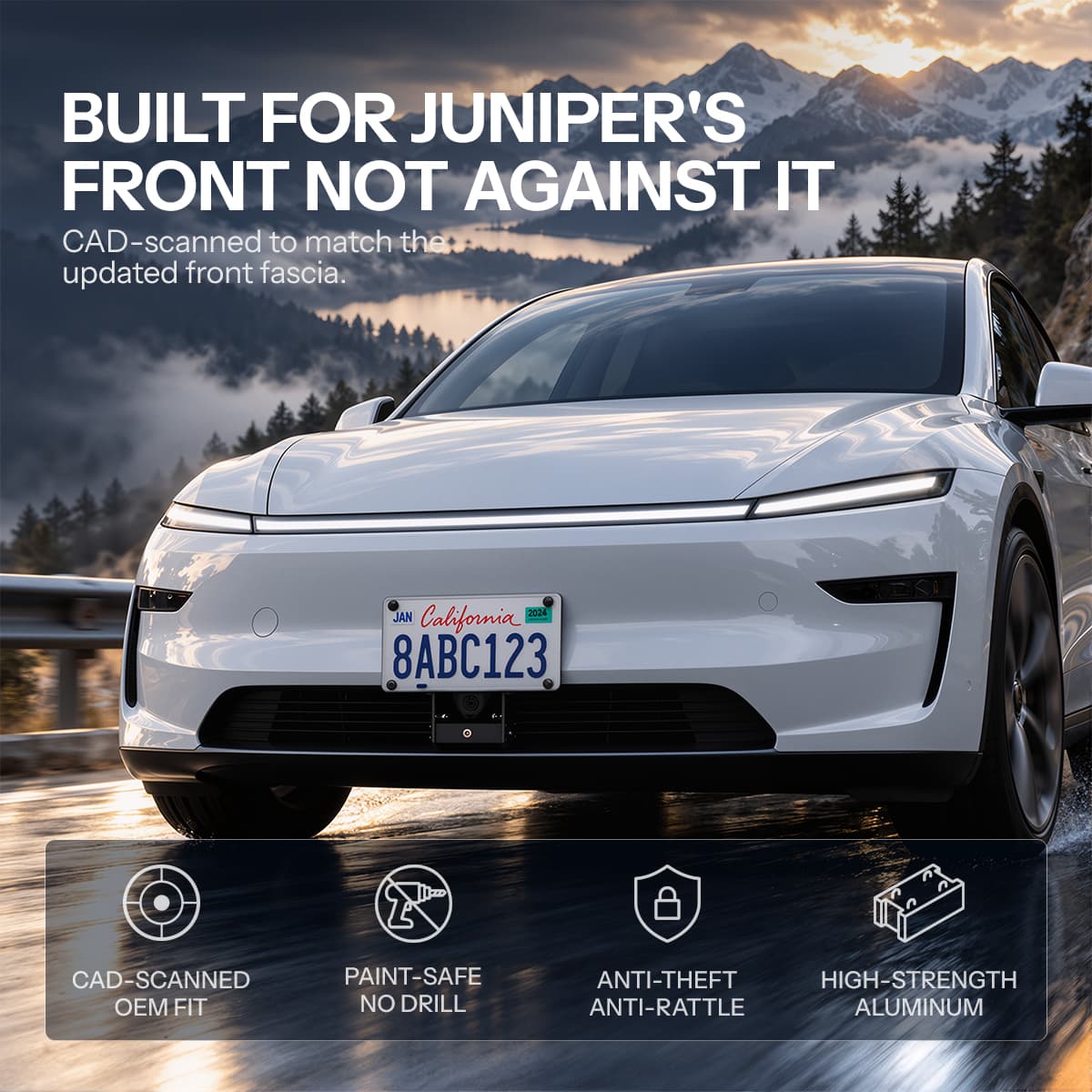 Model Y Juniper front license plate holder showing CAD-scanned fit, paint-safe no-drill mounting, anti-theft protection, and aluminum construction