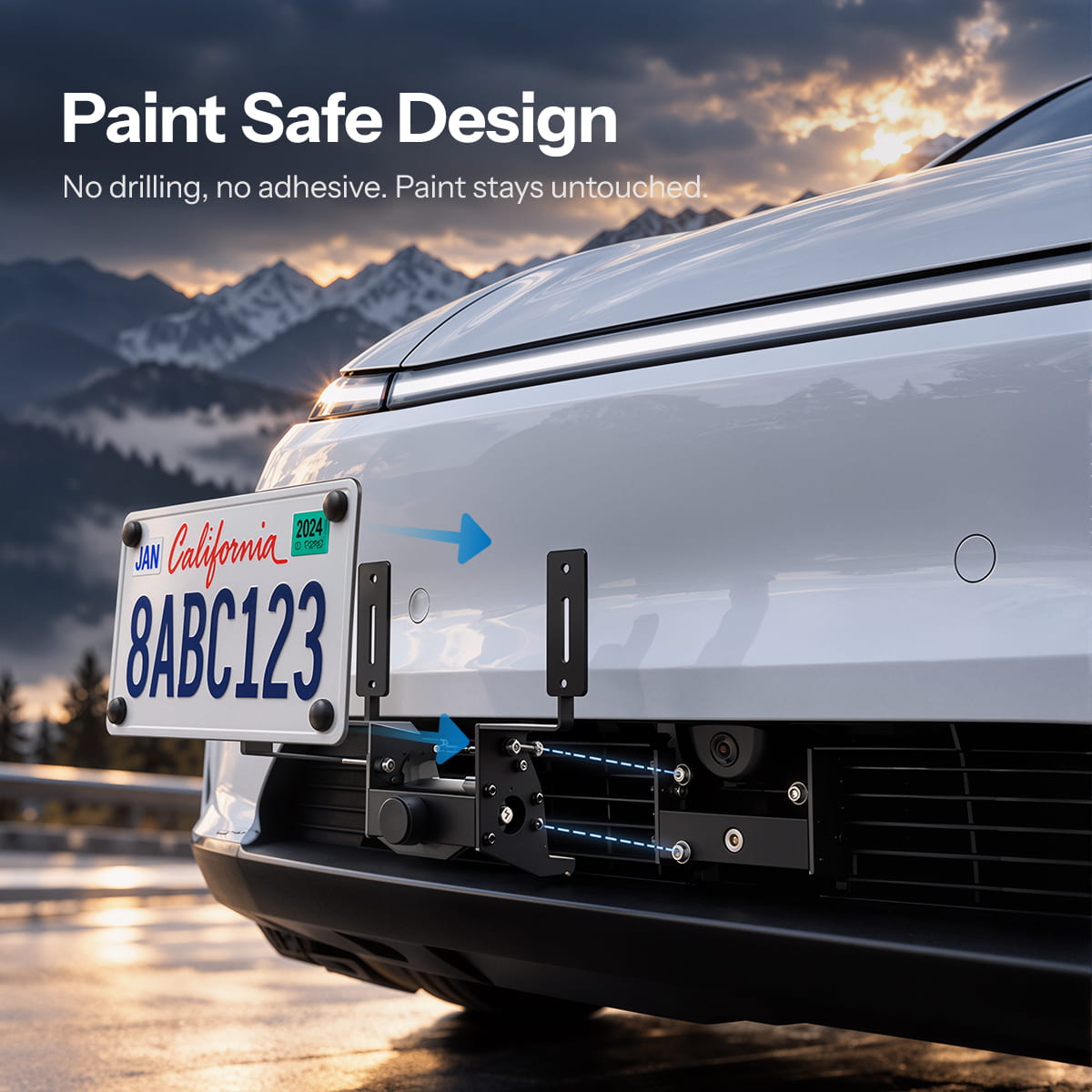 Paint-safe no-drill and no-adhesive front plate holder installation on Model Y Juniper