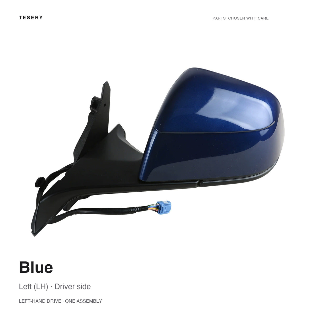 Blue LH complete side mirror assembly for Tesla Model Y Juniper and Model YL, painted housing with mounting base and wiring