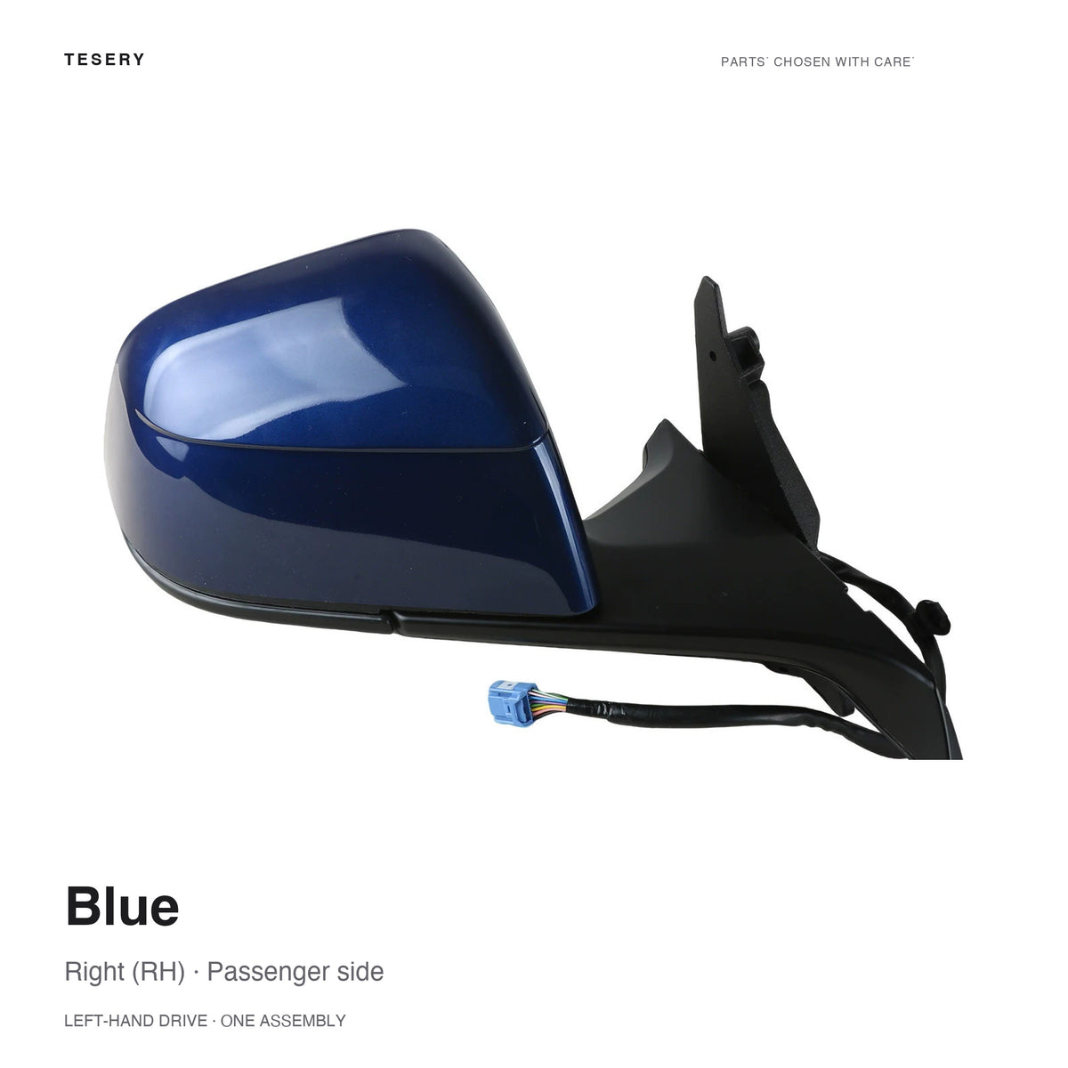 Blue RH complete side mirror assembly for Tesla Model Y Juniper and Model YL, painted housing with mounting base and wiring