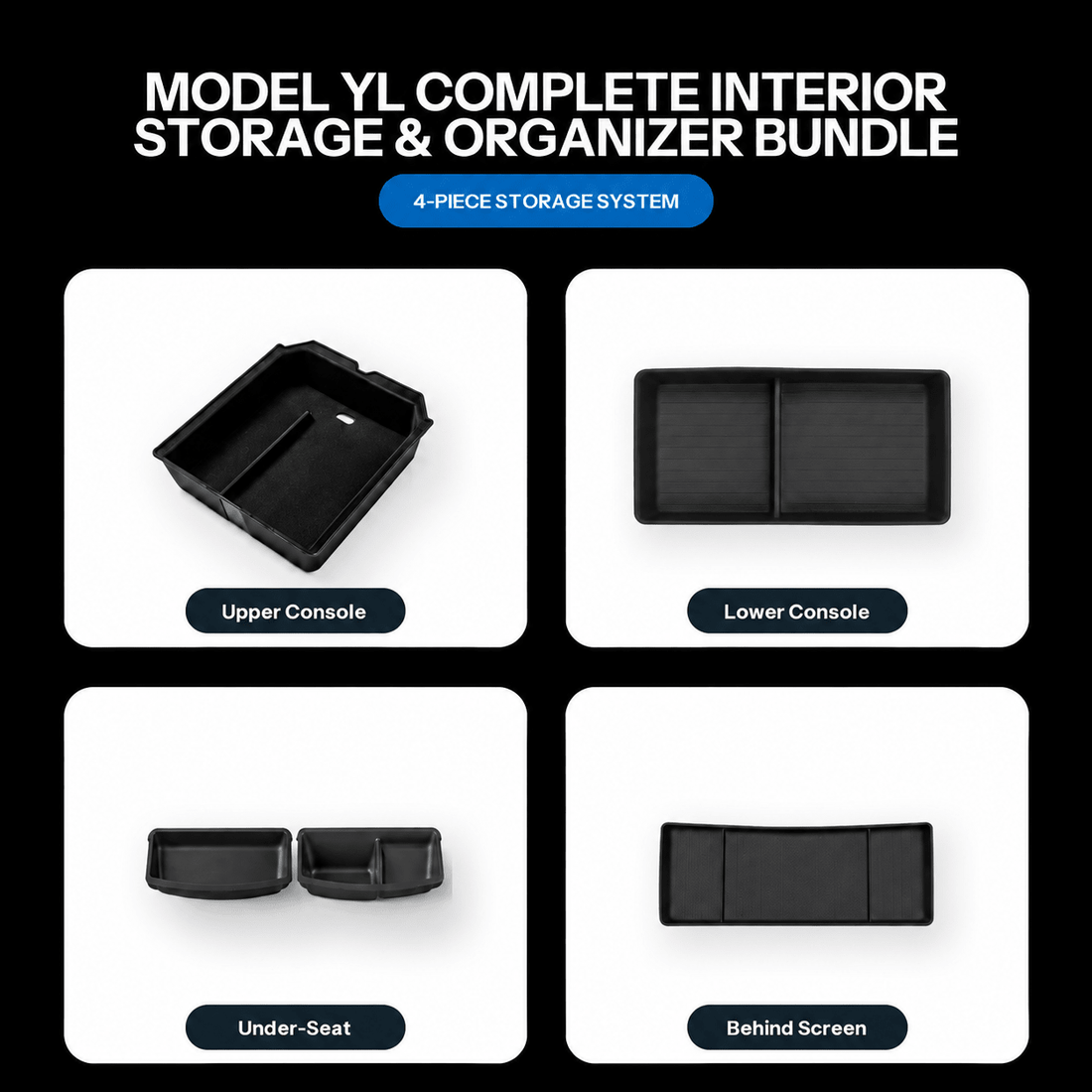 Five black storage pieces arranged on white: two console organizers, a long behind-screen tray and two shaped under-seat trays.