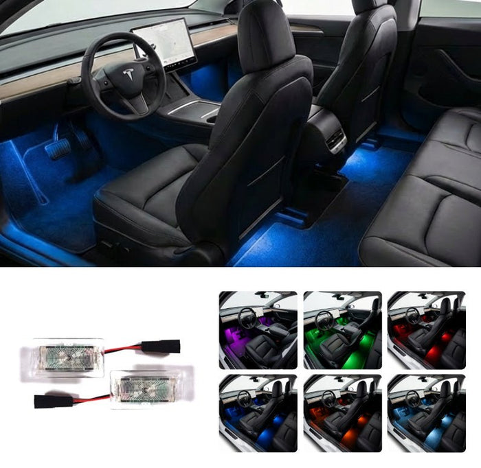 2-piece RGB footwell light kit for Tesla showing two lights and wiring.