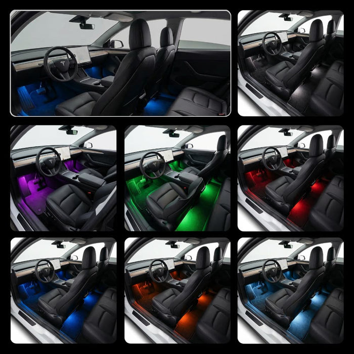 A Tesla's interior footwell glowing with a dynamic, multi-color light effect.