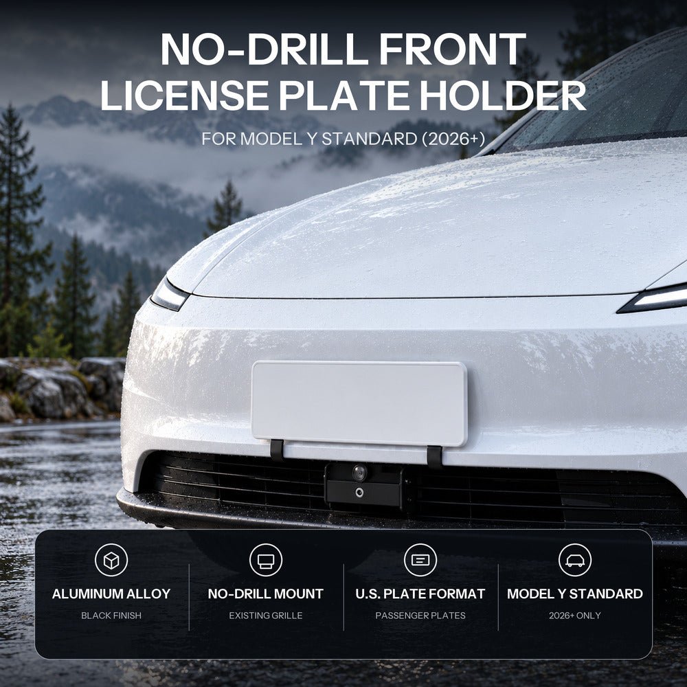 Black front license plate bracket with two slotted upright arms and a lower crossbar and clamping mechanism.